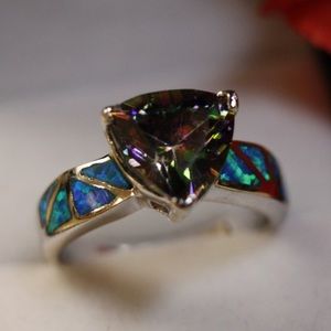 Sparkling Rainbow Topaz & Beautiful Blue Opal Ring